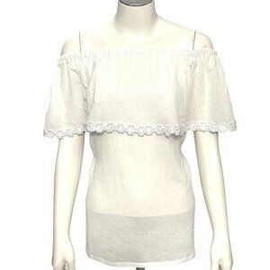 Handmade Off Shoulder White Cotton Blouse Floral Embroidery Back Lace Trim Large